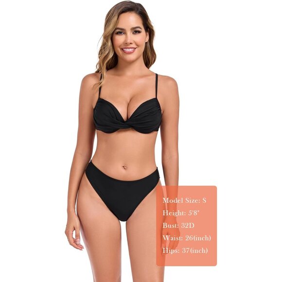Women's Black Push Up Bikini Tops Ruched Twist Front Underwear Top Swimsuit - Picture 7 of 9